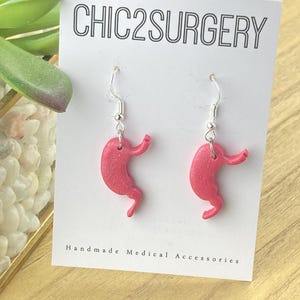 May include: A pair of pink stomach-shaped earrings on a white card with the text "CHIC2SURGERY" and "Handmade Medical Accessories".