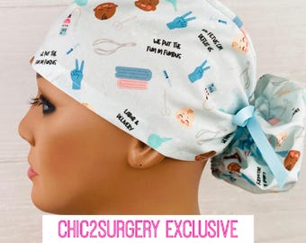 Ponytail Scrub Cap - No Fetus Can Defeat Us  - Scrub Cap with Satin Lining - OB scrub cap - Scrub Hat - Labor and Delivery Scrub Cap