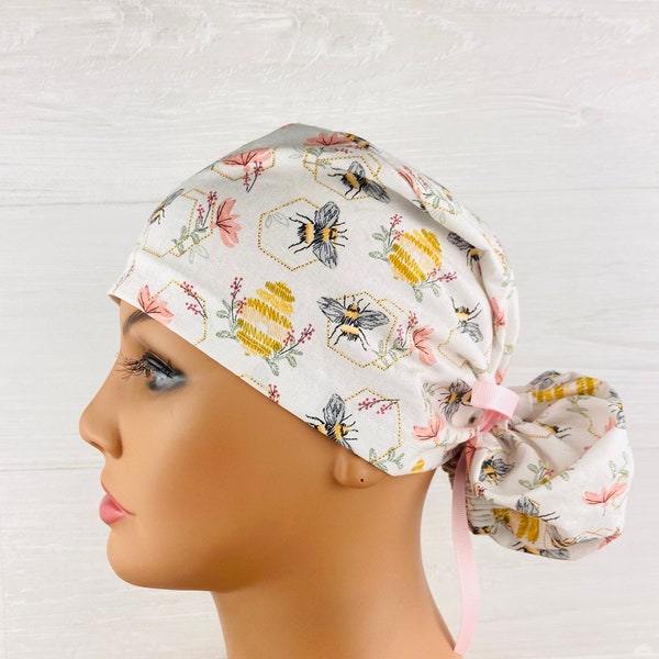 Womens Surgical Scrub Caps - Ponytail - Scrub Hat - Bees on Cream - Scrub Hat with Buttons - Scrub Cap with Satin Lining