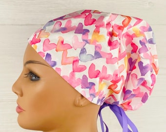 Scrub Hats for Women - Women's Tieback Hat - Scrub Caps - Valentines Watercolor Hearts - Scrub Cap with Satin Lining