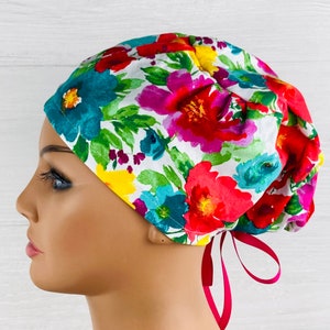 Scrub Hats for Women - Women's Tieback Hat - Scrub Caps - Vibrant Floral - Scrub Cap with Satin Lining