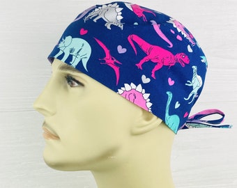 Men&#39;s Scrub Hat - Men&#39;s Scrub Cap - Men&#39;s Tieback Hat - Dino Love