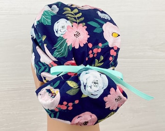 Handmade Surgical Scrub Cap - Scrub Hat - Ponytail - Navy Spring Floral - Scrub Cap with Satin Lining