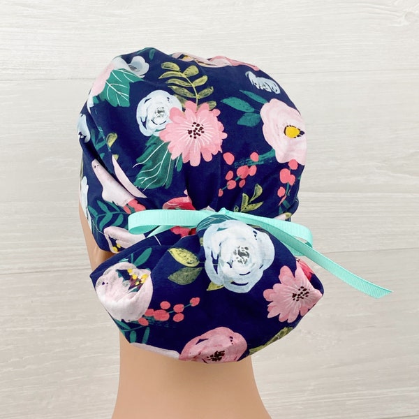 Handmade Surgical Scrub Cap - Scrub Hat - Ponytail - Navy Spring Floral - Scrub Cap with Satin Lining