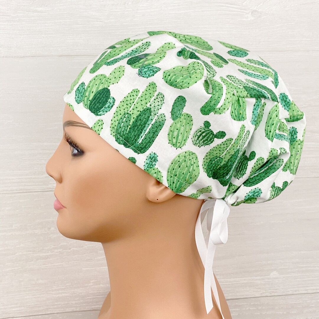 Scrub Hats for Women Women's Tieback Hat Scrub Caps Cactus on White