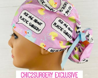 Ponytail Scrub Cap - Plastics Rubber Ducks - Scrub Hat with Buttons - Scrub Cap with Satin Lining - Plastic Surgery Scrub Cap