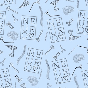 Puede incluir: Fondo azul claro con un patr&oacute;n repetido de instrumentos m&eacute;dicos, incluyendo taladros, tijeras y columnas vertebrales. La palabra "NEURO" se muestra en un marco rectangular con un s&iacute;mbolo de coraz&oacute;n. El dise&ntilde;o es en blanco y negro.
