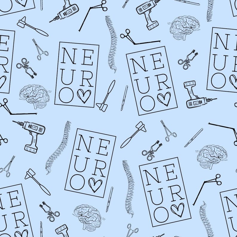 Puede incluir: Fondo azul claro con un patr&oacute;n repetido de instrumentos m&eacute;dicos, incluyendo taladros, tijeras y columnas vertebrales. La palabra "NEURO" se muestra en un marco rectangular con un s&iacute;mbolo de coraz&oacute;n. El dise&ntilde;o es en blanco y negro.