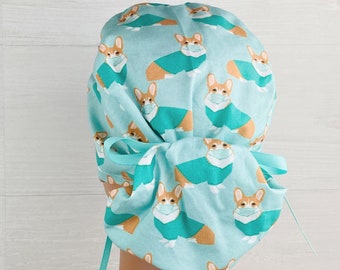 Womens Surgical Scrub Caps - Ponytail - Scrub Hat - Corgi in Scrubs Aqua - Scrub Hat with Buttons - Scrub Cap with Silk Lining