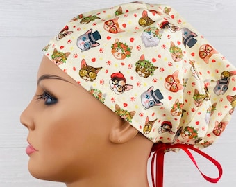 Scrub Hats for Women - Women's Tieback Hat - Scrub Caps - Cat Faces - Scrub Hat with Buttons - Scrub Cap with Satin Lining