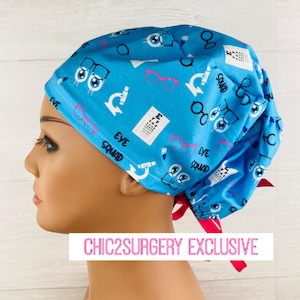 Scrub Hats for Women - Women&#39;s Tieback Hat - Scrub Caps - Eye Squad - Ophthalmology Scrub Cap - Optometry Scrub Hat