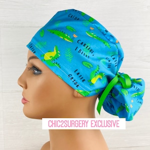 Ponytail Scrub Cap - Scrub Hat - Careful I Bite - Scrub Hat with Buttons - Scrub Cap with Satin Lining
