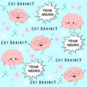 Pu&ograve; includere: Uno sfondo azzurro chiaro con cervelli di cartoni animati rosa che indossano occhiali e sorridono. I cervelli hanno braccia e gambe e tengono in alto delle nuvolette che dicono "GOT BRAINS?" e "TEAM NEURO".