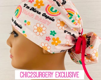 Ponytail Scrub Cap - Oopsie Daisy - Scrub Hat with Buttons - Scrub Cap with Satin Lining