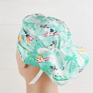 Womens Surgical Scrub Caps - Ponytail - Scrub Hat - Surf Dogs - Scrub Hat with Buttons - Scrub Cap with Satin Lining