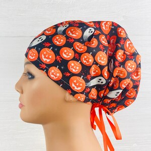Scrub Hats for Women - Women&#39;s Tieback Hat - Scrub Caps - Ghosts and Pumpkins - Scrub Hat with Buttons - Scrub Cap with Satin Lining