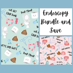 May include: Two digital designs featuring a light blue and pink background with various illustrations of poop, intestines, and medical equipment. The text "Endoscopy Bundle and Save" is featured in a white box.