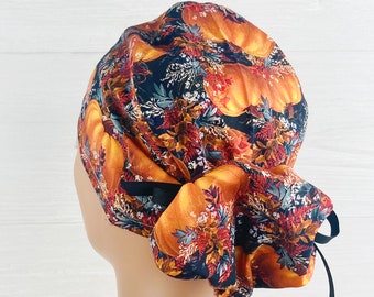 Ponytail Scrub Cap - Scrub Hat - Pumpkins and Leaves - Scrub Hat with Buttons - Scrub Cap with Satin Lining