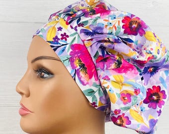 Scrub Hats for Women - Women’s Bouffant Hat - Scrub Caps - Pink and Purple Floral - Scrub Hat