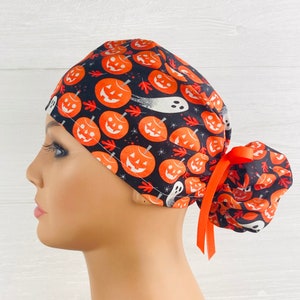 Womens Surgical Scrub Caps - Ponytail - Scrub Hat - Ghosts and Pumpkins - Scrub Hat with Buttons - Scrub Cap with Satin Lining