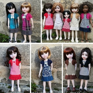 May include: Nine dolls wearing different plaid, gingham, and floral print dresses with matching cardigans. The dolls have brown hair and are wearing sandals.