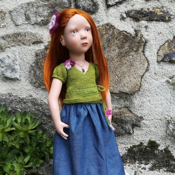 Doll outfit for Junior ZWERGNASE 50 cm Knitted Dolls clothing Dolls Green wrap-around jeans skirt Handmade Lilith Creation