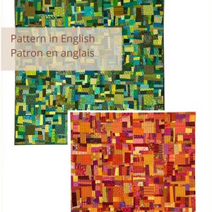 May include: A sewing pattern for a crazy quilt by Maryline Collioud-Robert, featuring two quilt examples: one in shades of green and blue, and another in warm orange, red, and yellow tones. The text reads: MARYLINE COLLIOUD-ROBERT Quilts CRAZY QUILT.