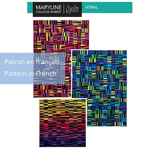 Może przedstawiać: Trzy kolorowe wzory na kołdry z patchworkowym wzorem. Kołdry mają prostokątne bloki w odcieniach czerwieni, fioletu, żółci, niebieskiego i zieleni. Widoczny jest tekst "Patron en français Pattern in French".