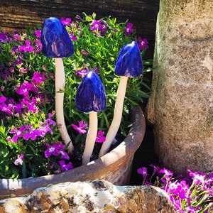 Set of 3 Mini Blue Glazed Ceramic Standing Mushroom Toadstool Winter Garden Colour Outdoor Indoor Ornament Hand Made Frost proof