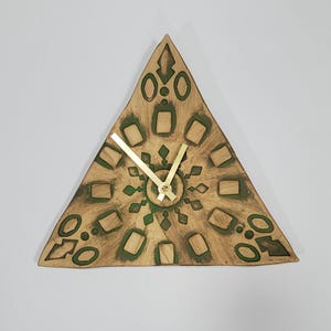 Hand Made Triangular Green and Natural Clay Matt Ceramic Wall Clock Quartz Movement 23 cm 9"