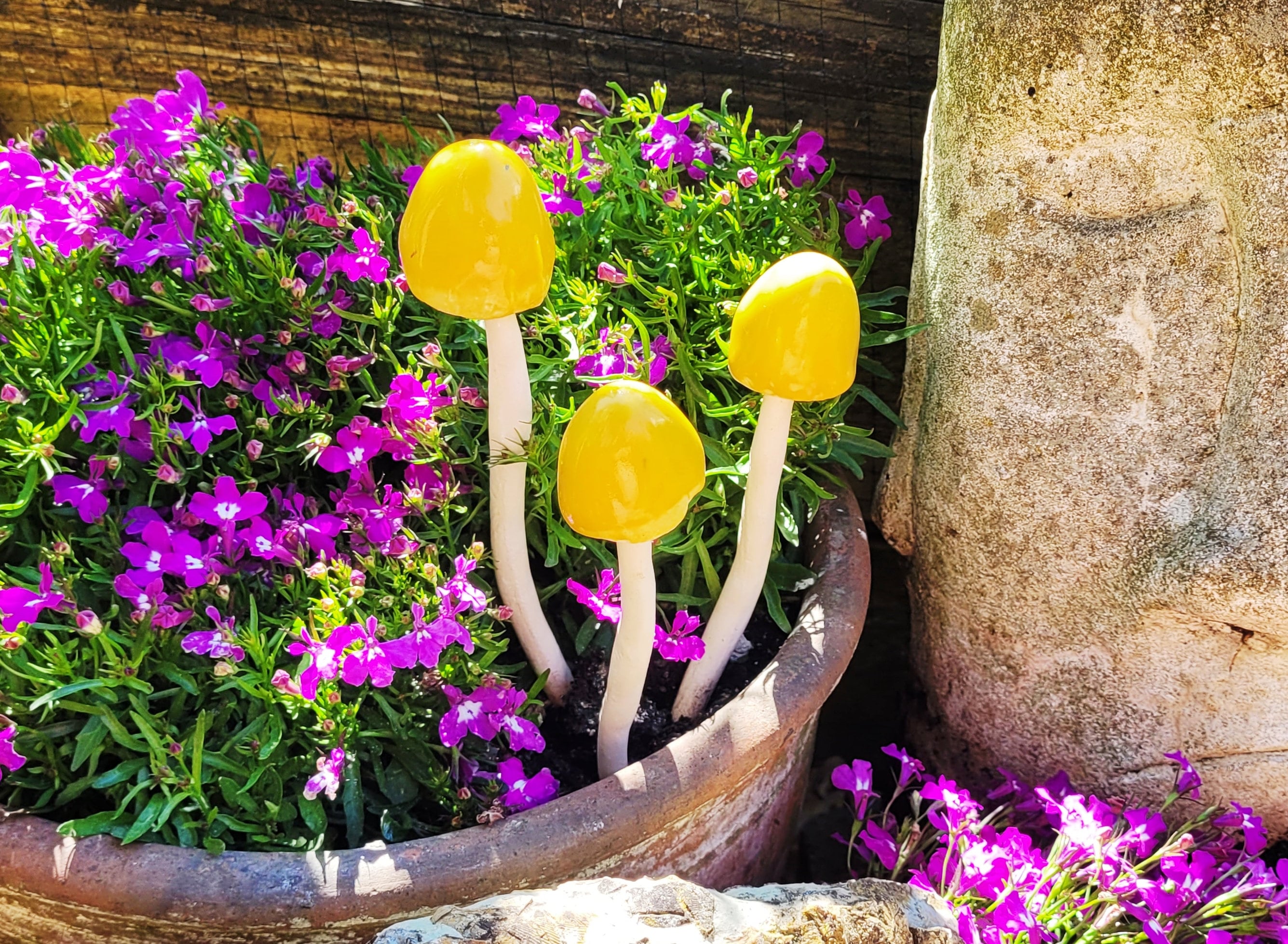 3 Mini Yellow Glazed Ceramic Mushroom Toadstool Ideal for Plant Pots Winter Garden Colour Outdoor Indoor Ornament Hand Made Frost proof