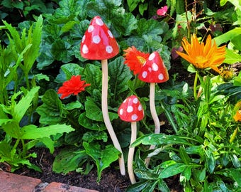 Elegant Red Glazed Spotty Ceramic Mushroom Toadstool Frost Proof Winter Garden Colour or Indoor Ornament Hand Made Ideal Mothers Day Gift