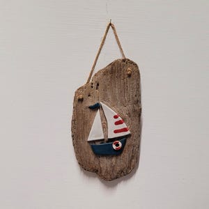 Blue Driftwood and Ceramic Boat Wall Hanging Plaque Shabby Chic Character Nautical