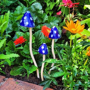 Blue Glazed Spotty Ceramic Free Standing Mushroom Toadstool Frost Proof Winter Garden Colour Ornament Hand Made Ideal Mothers Day Gift