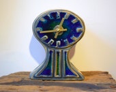 Hand Made Free Standing Blue Ceramic Mantle Clock with Inlaid Blue and Green Glass 20.5 cm Tall