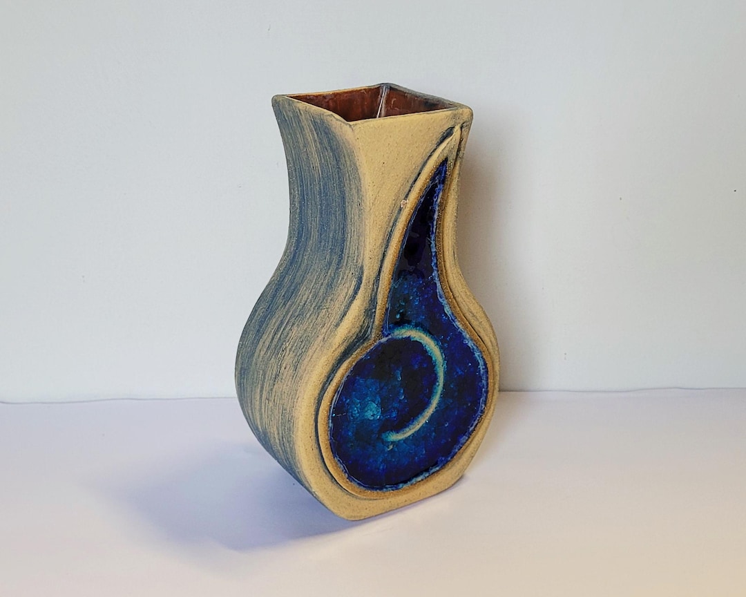 Hand Made Natural & Matt Blue Ceramic and Glass Inlaid Pottery Vase ...