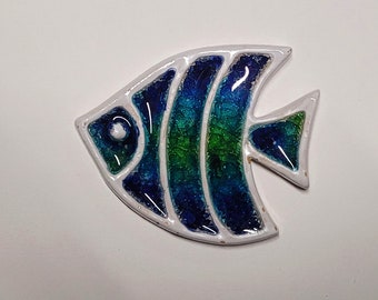 Hand Made Blue and White Angel Fish Ceramic & Glass Wall Plaque Tile Bathroom Frost Proof