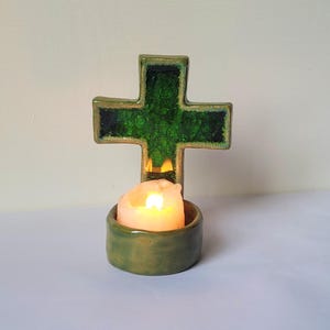 Green Ceramic Glass Cross Candle Holder Holy Water Wall Font Religious Gift Hand Made