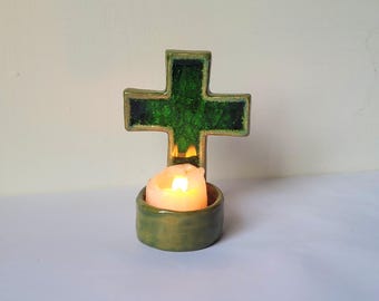 Green Ceramic Glass Cross Candle Holder Holy Water Wall Font Religious Gift Hand Made