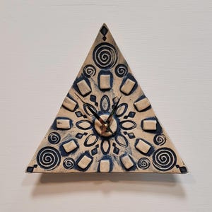 Hand Made Triangular Blue Matt and Natural Ceramic Wall Clock Quartz Movement 23 cm 9"