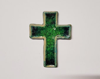 Handmade Ceramic Inlaid Green Glass Cross Wall Hanging Plaque Christian Christening Easter Religious Gift