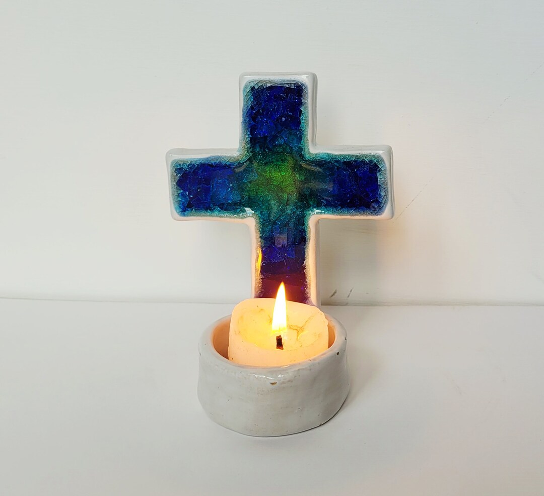 Blue White Ceramic Glass Cross Candle Holder Holy Water Etsy