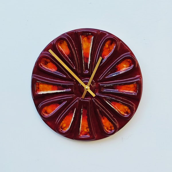 Unusual Hand Made Circular Round Red Glazed Wall Clock with Inlaid Glass 25 cm Diameter