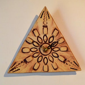 Hand Made Triangular Brown Terracotta and Natural Clay Matt Ceramic Wall Clock Quartz Movement 23 cm 9&quot;