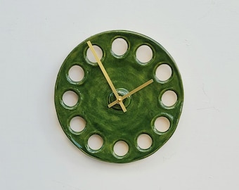 Circular Round Green Glazed Stoneware Ceramic Minimalist Wall Clock 25 cm diam