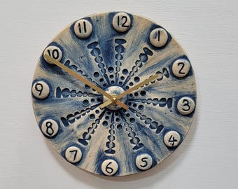 Hand Made Circular Round Matt Blue Natural Ceramic Wall Clock Quartz 25 cm diam