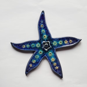 Hand Made Blue Ceramic Starfish with Blue Inlaid Glass Wall Plaque Tile Bathroom