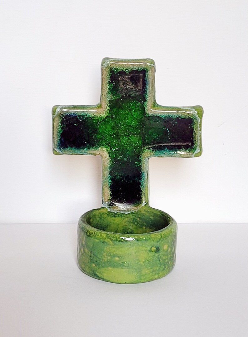 Green Ceramic Glass Cross Candle Holder Holy Water Wall Font Etsy UK