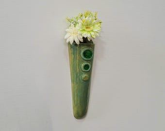 Hand Made Green Ceramic & Glass Pottery Wall Hanging Vase Planter Indoor Outdoor