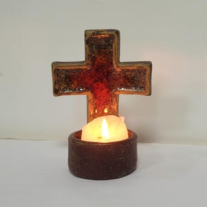 Portavelas de cerámica con forma de cruz, rojo y marrón oscuro, regalo religioso hecho a mano